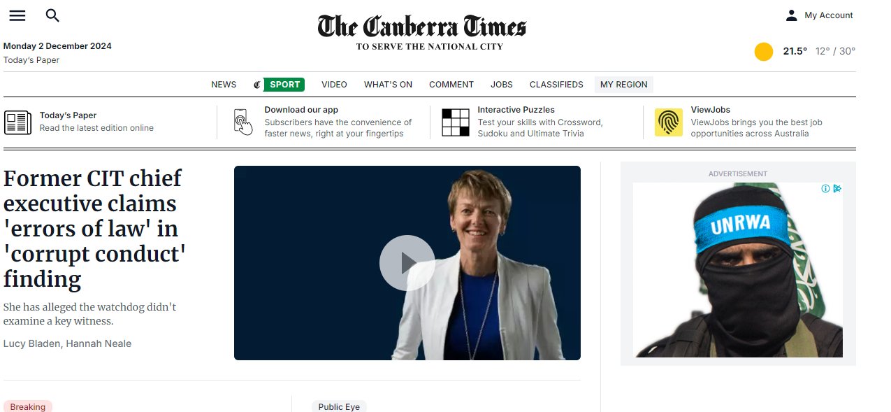 Веб-сайт новин із зображенням жінки в центрі. Ліворуч — реклама з чоловіком у масці, одягненим у бандану БАПОР