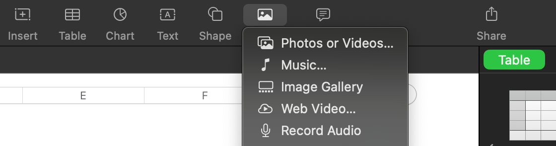 Параметри додавання медіа в Apple Numbers.