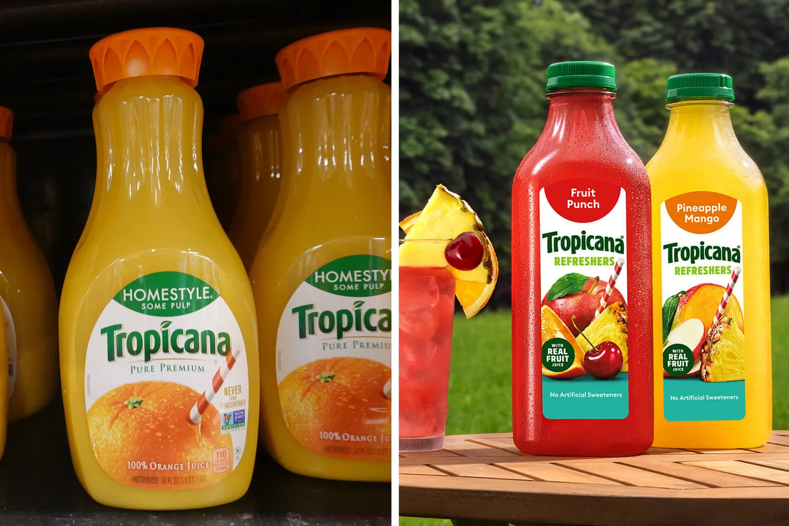Tropicana змінила дизайн своїх фірмових вигнутих пляшок (зліва) на більш квадратний (праворуч).