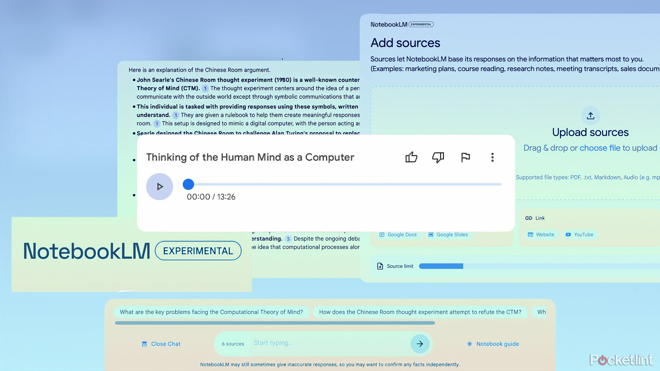 Програвач NotebookLM Audio Overview, інші компоненти NotebookLM, як-от вихідний завантажувач і вікно текстового чату.