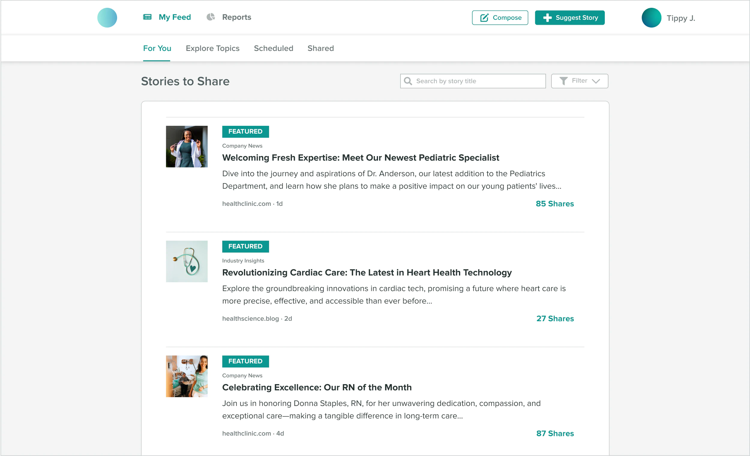 Користувацький інтерфейс Employee Advocacy від Sprout Social, де ви можете переглядати стрічку For You, єдиний потік історій для співробітників, якими можна поділитися