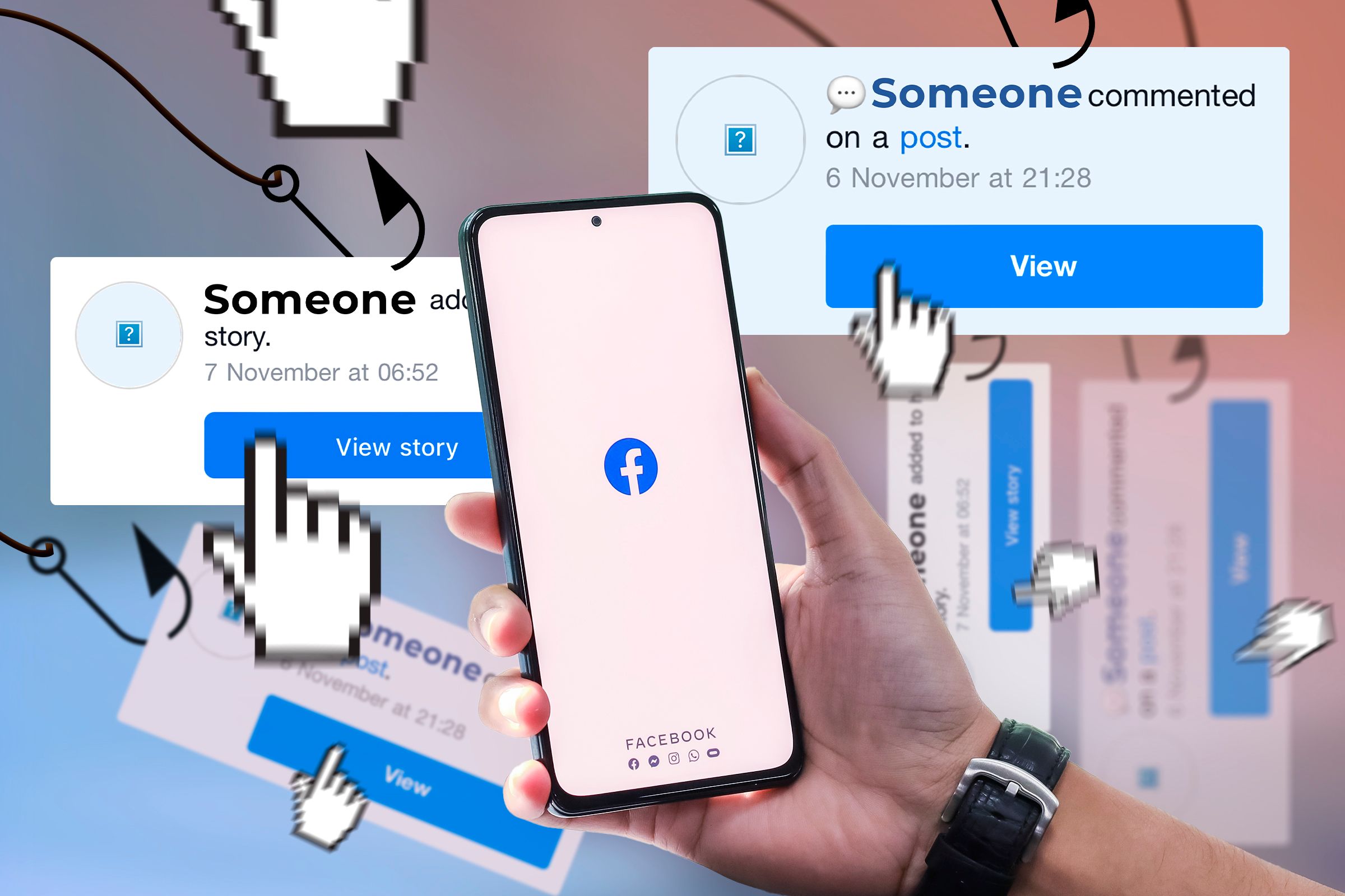 Рука тримає телефон із логотипом Facebook і кількома клікбейтами поруч.