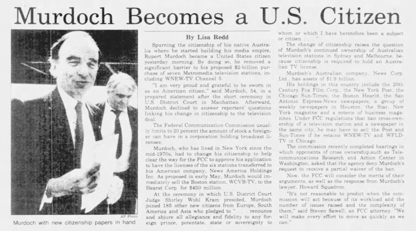 Розповідь Newsday про те, як Мердок став громадянином США, 5 вересня 1985 р.
