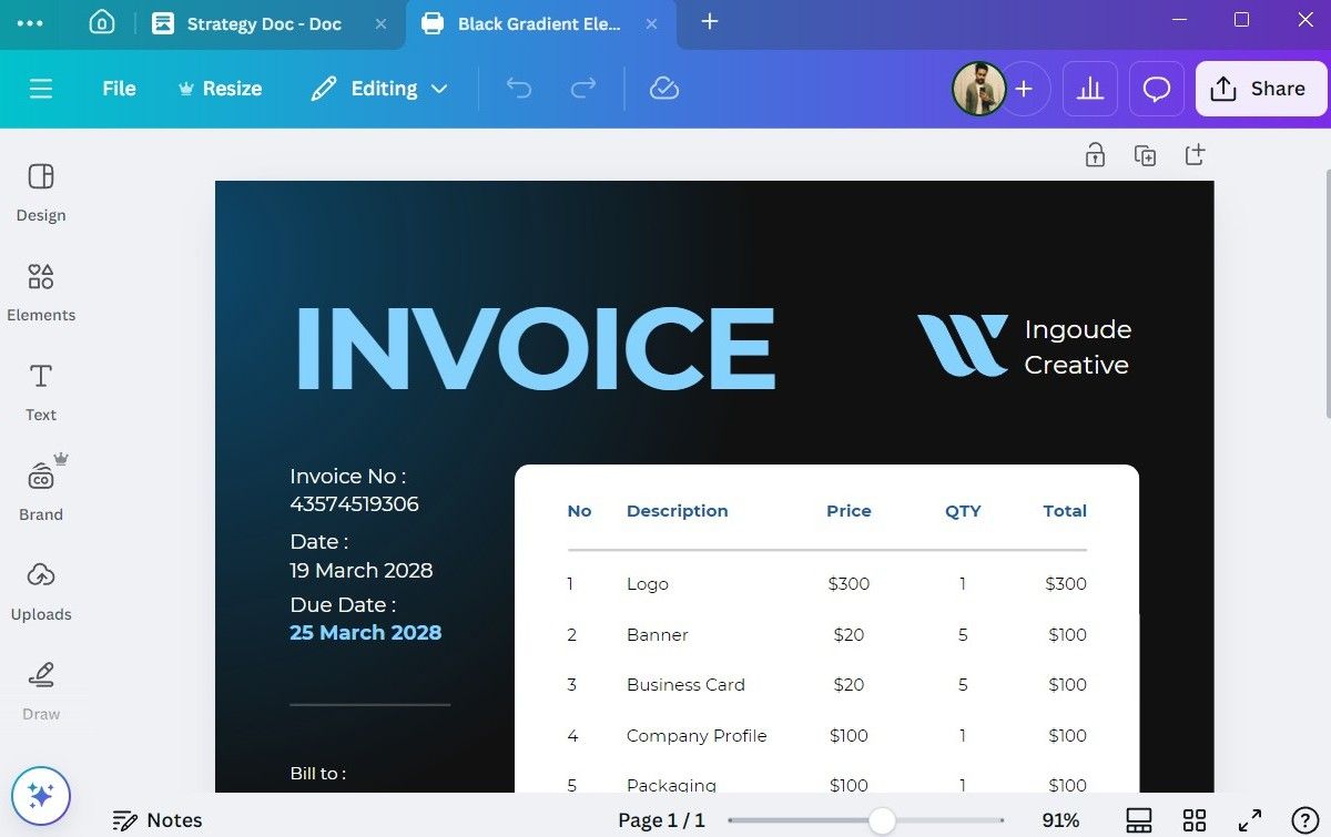 Додаток Canva Desktop, що показує шаблон рахунку -фактури