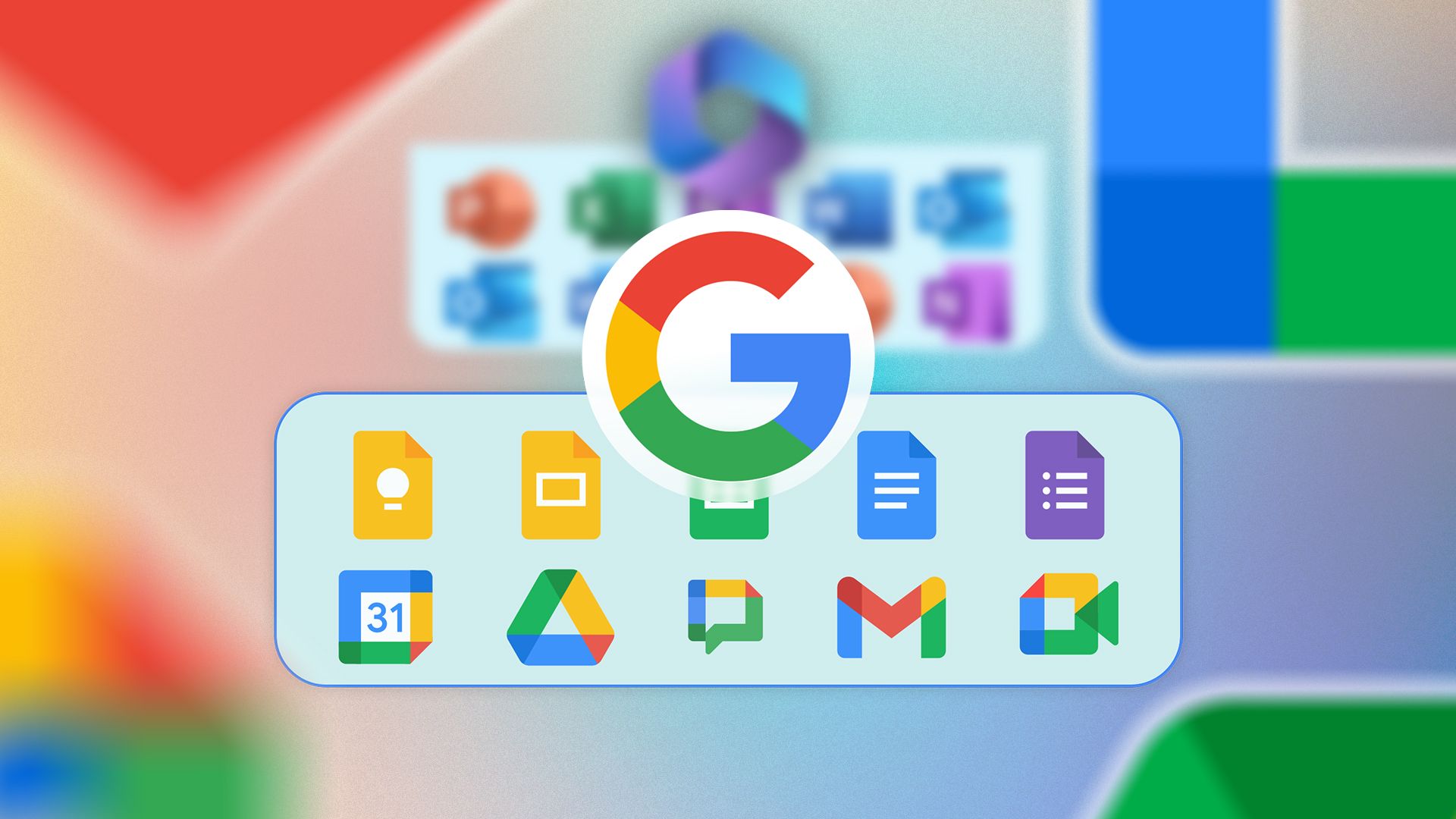 Google Logo з логотипами деяких додатків Google Workspace нижче та деякими додатками Microsoft 365 розмиті на задньому плані. (1)