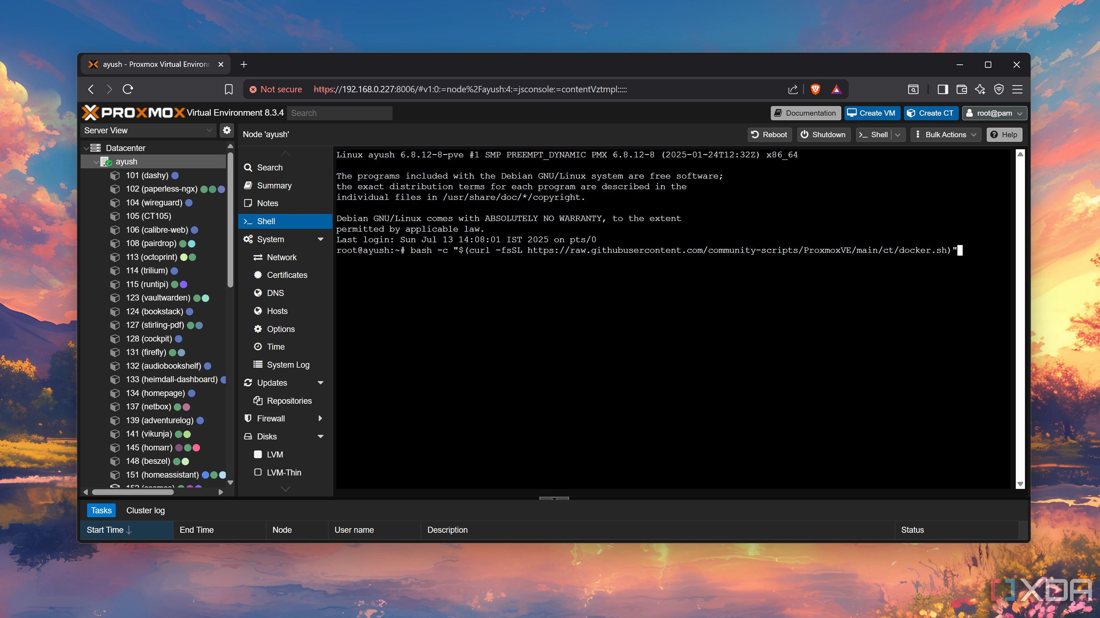 Запуск сценарію для встановлення Docker LXC на ProxMox