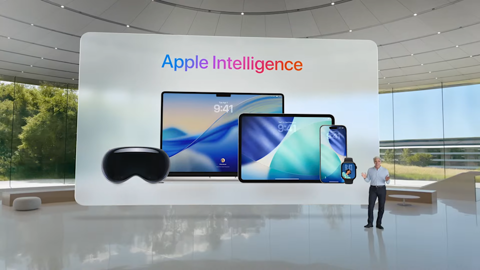 Скріншот WWDC з Apple Intelligence та Apple пристроями на екрані