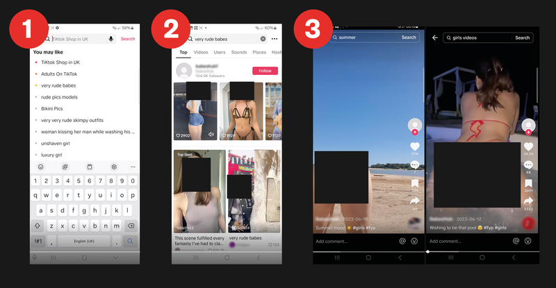 скріншоти, що показують сексуалізований вміст, рекомендовані на Tiktok