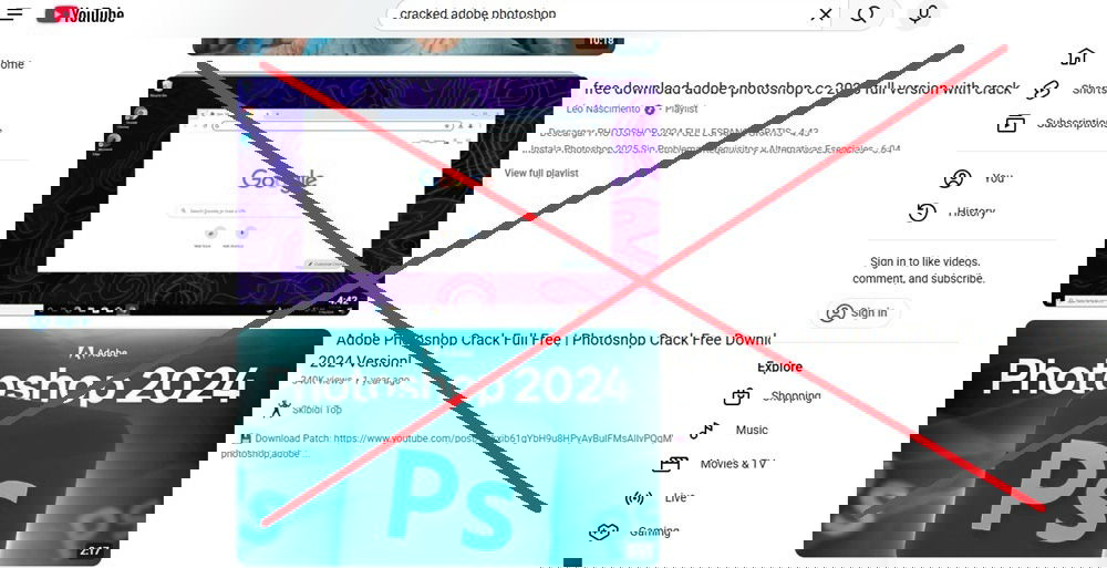 Результати YouTube для зламаного Adobe Photoshop із гігантським X над результатами.