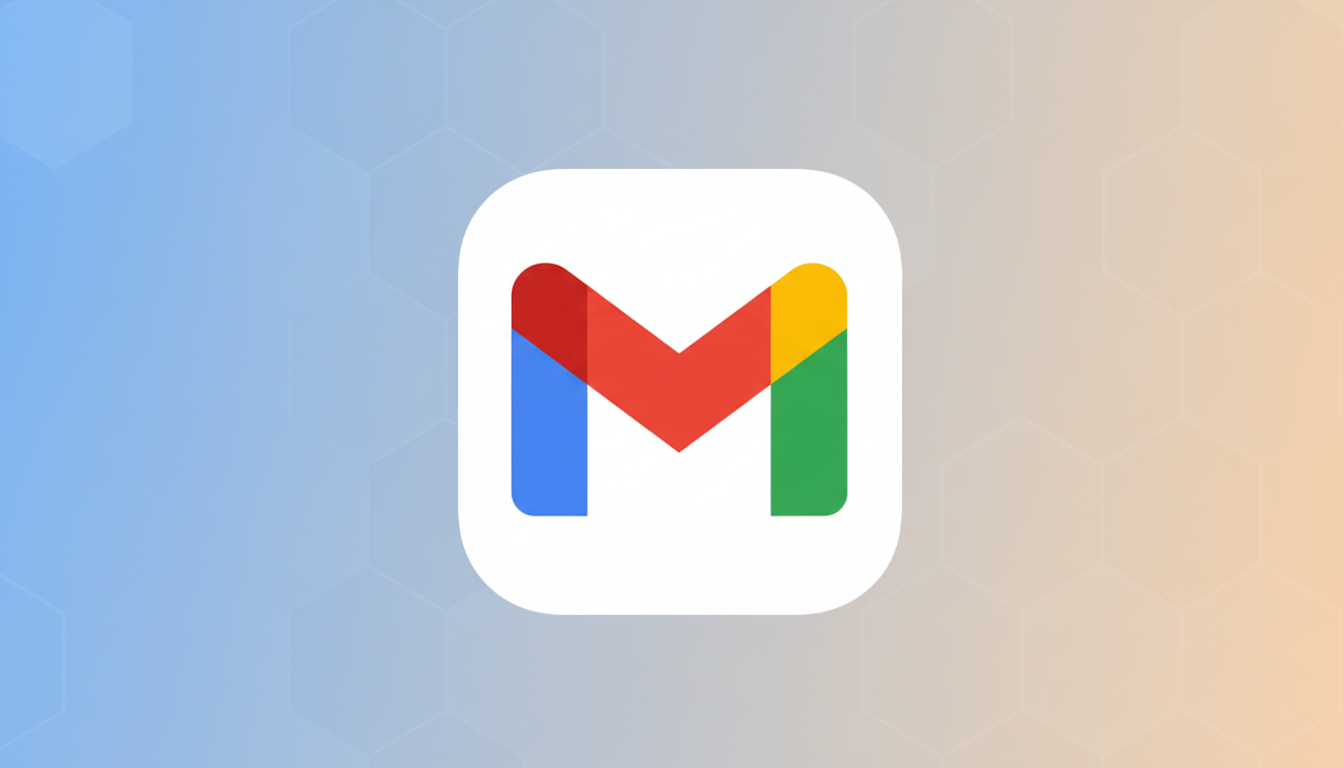 Піктограма програми Gmail зі стилізованою літерою M у підписі Google червоного, синього, зеленого та жовтого кольорів у центрі білого округлого квадрата. Піктограма розміщена на тлі професійного плоского дизайну з м’яким градієнтом від блакитного до оранжевого та тонкими шестикутними візерунками.