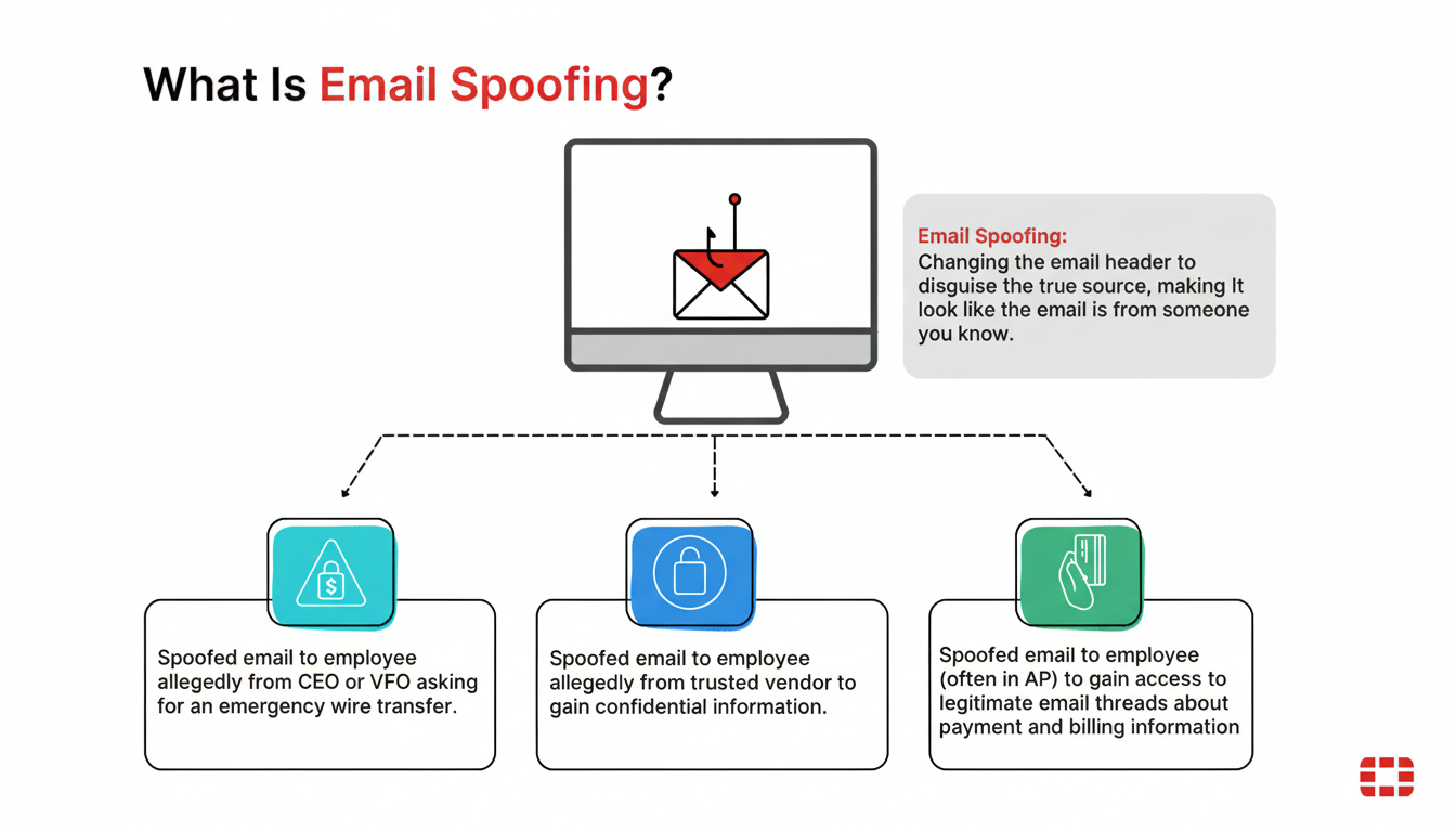 Інфографіка під назвою «Що таке спуфінг електронної пошти?» показує монітор комп’ютера з піктограмою фішингової електронної пошти та три приклади підроблених електронних листів, націлених на співробітників.