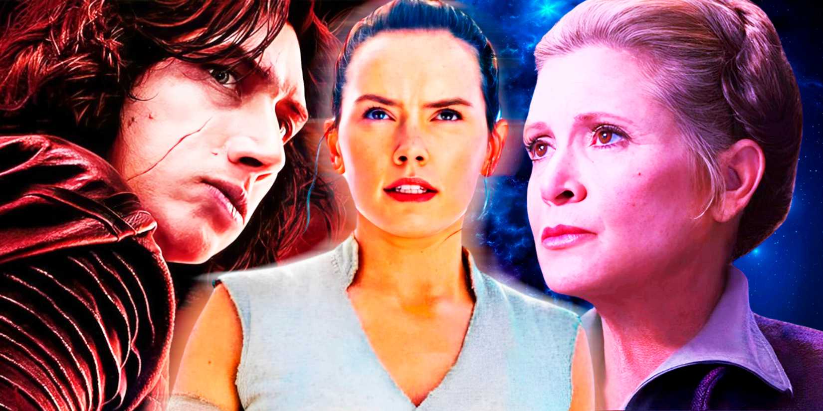 Кайло Рен ліворуч, Лея праворуч і Рей посередині — усе з трилогії-продовження Зоряних воєн