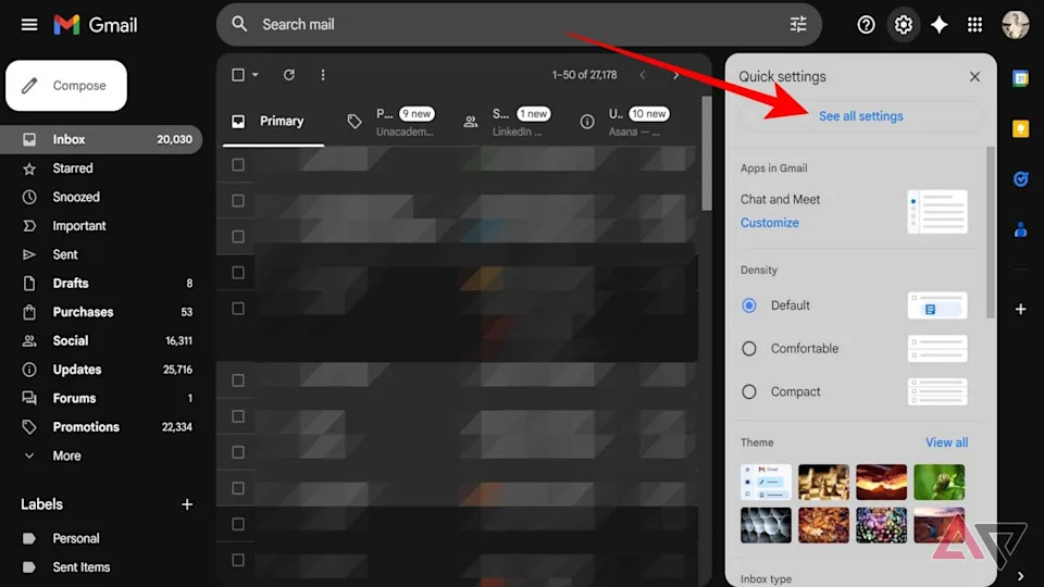 Знімок екрана, на якому показано параметр швидкого налаштування Gmail