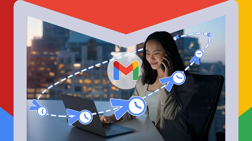 Жінка в офісі використовує свій ноутбук, логотип Gmail у центрі та значки запланованих повідомлень навколо нього.